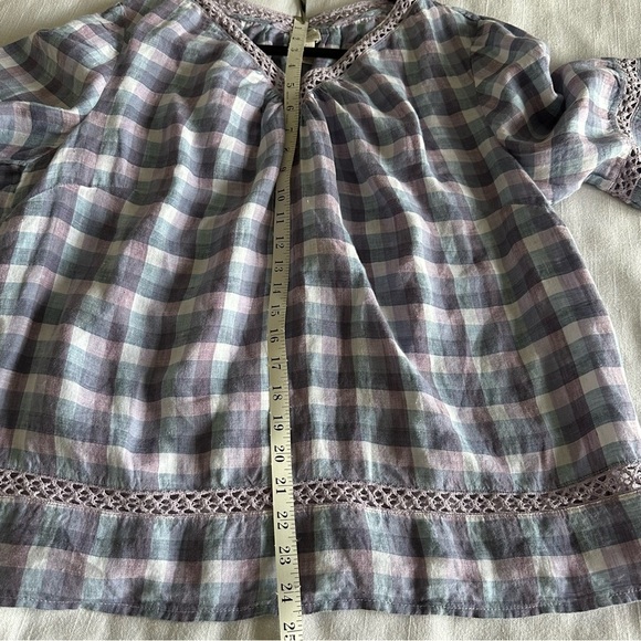 Chico’s Size 3 Crochet-Detail Gingham Linen Popover Top Purple Boho Peasant - Picture 5 of 12
